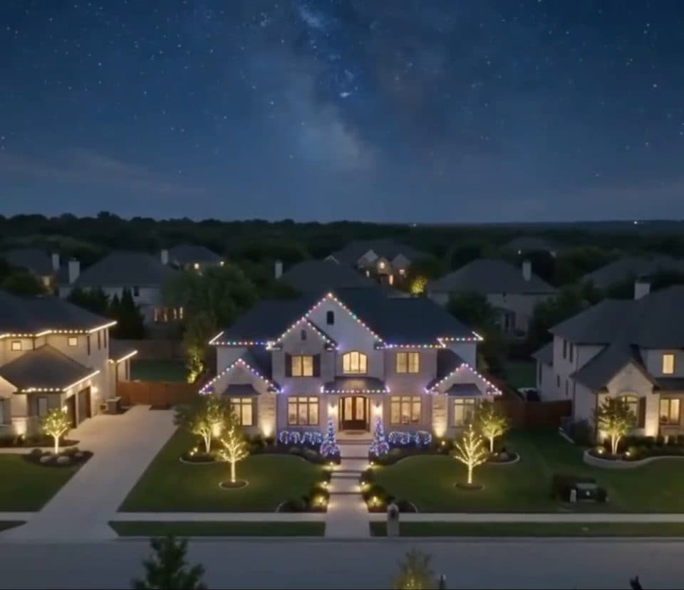 Neighborhood at night, one roofline lit, the rest dark