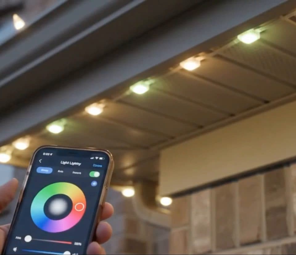Homeowner picking a roofline lighting color from a smartphone app color wheel