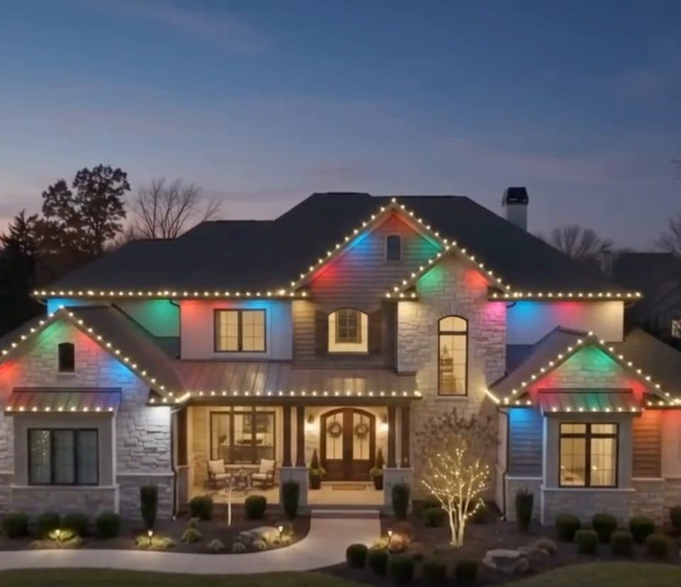 Home lit in a programmable multicolor holiday scene at night, full roofline outlined