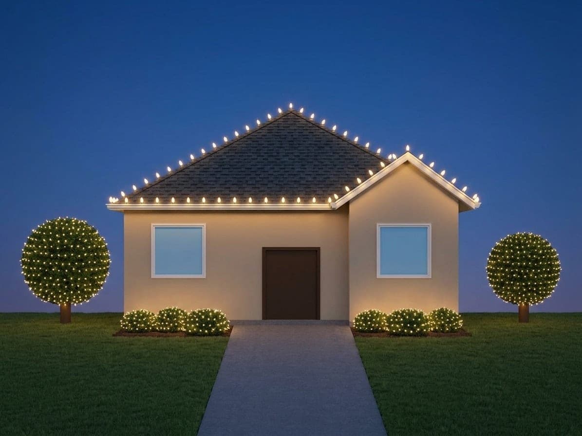 The same home at dusk with warm white Christmas lights along the roofline and trees