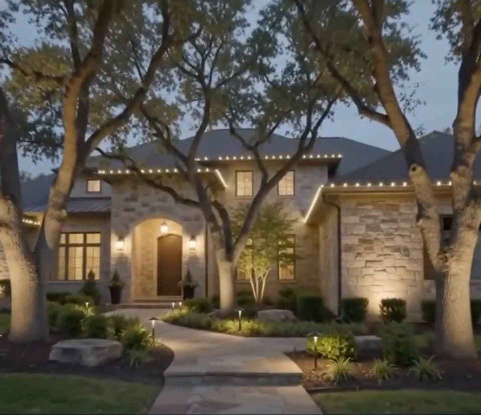 Single-story stone home with warm white roofline and lit entryway