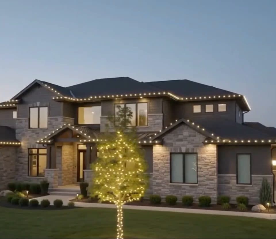 Two-story home with warm white roofline and a tree wrapped in lights